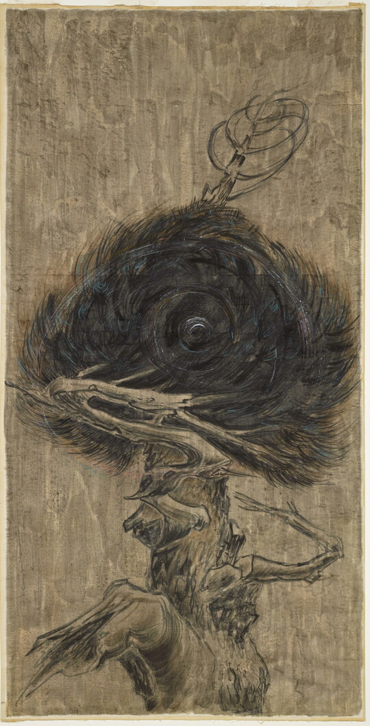 An ink drawing of a tree trunk with broken branches and dark pine needles swirling in a circular form against a brown background.