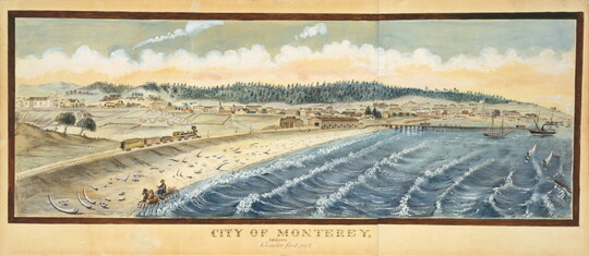 A landscape watercolor of a shoreline, with bright blue waves with white tips meeting the edge of a growing and bustling town.