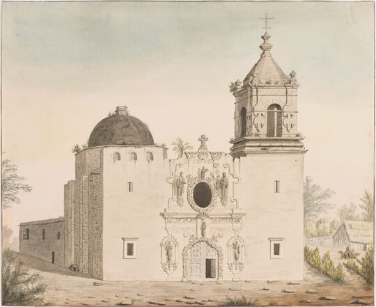 A mixed-media watercolor of a Spanish Colonial-style church.