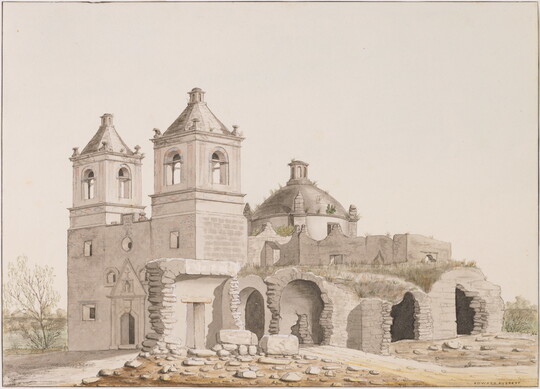 A mixed-media watercolor of a Spanish Colonial-style church with stone ruins beside it.