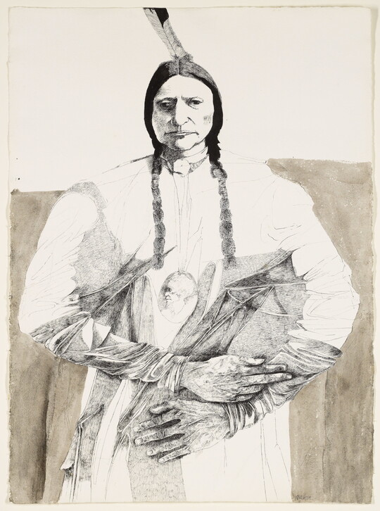 A black-and-white ink drawing of an Indigenous person, hair in braids and a single feather standing up from their head, holding something in their arms.