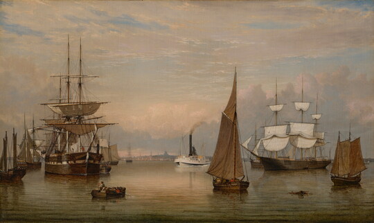 An oil painting of a harbor scene full of multi-masted, historical ships on calm water.