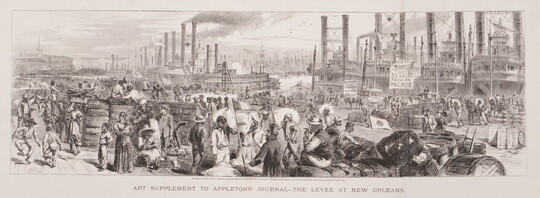 A black-and-white panoramic print of a very busy and crowded harbor and steamships lined up in the background.