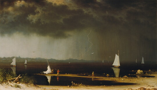 A painting of boats on calm water with an impending thunderstorm raging in the distance.