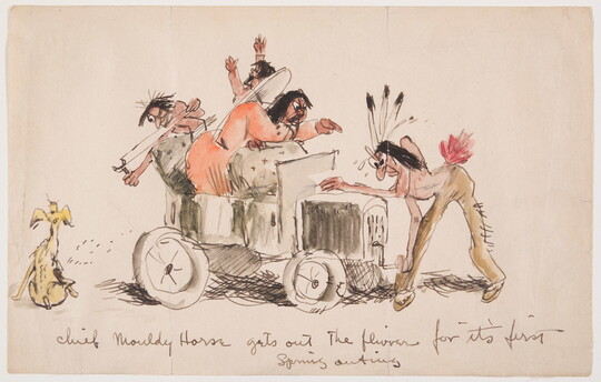 A watercolor of cartoon-like Native Americans in in native dress in an automobile; several gesturing angrily and one aiming a slingshot at a sitting dog.