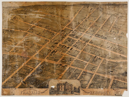 A worn and stained color print of an aerial view of a city, showing the grid of streets, map text and key at bottom, along with an inset image of a large house.