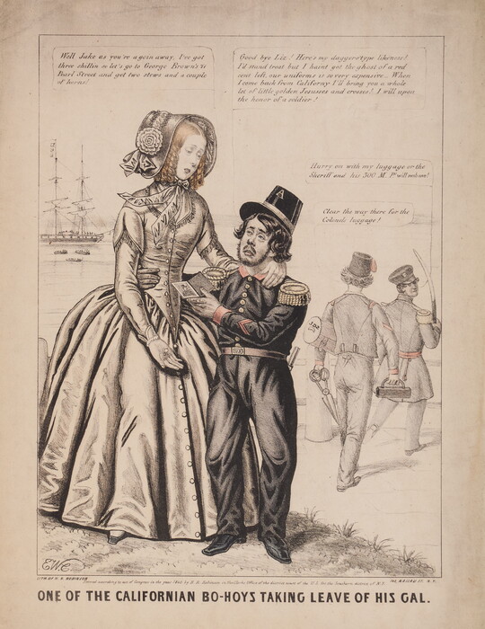 A color print of an illustration of a tall White woman in a bonnet and full skirt embracing a frowning White man in uniform, below several paragraphs of text.