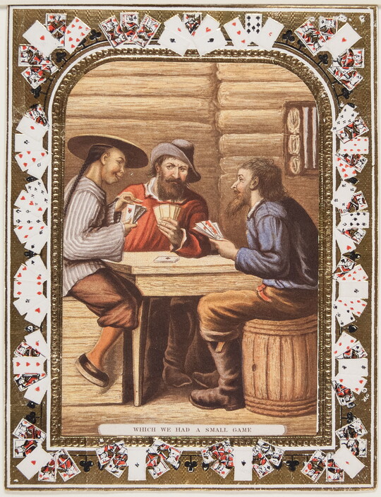 A color print of three men, two White and one Asian, playing cards; a decorative border made of playing cards surrounds the scene.