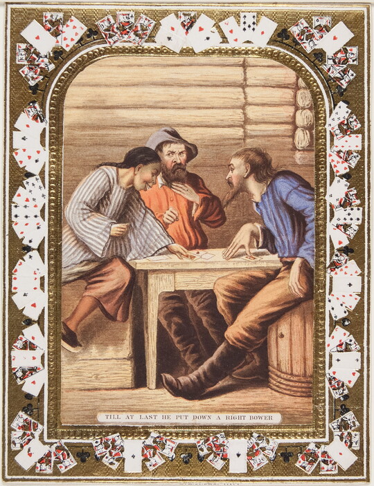 A color print of a smiling Asian man playing cards with two White men who look concerned; playing cards make up the decorative border.