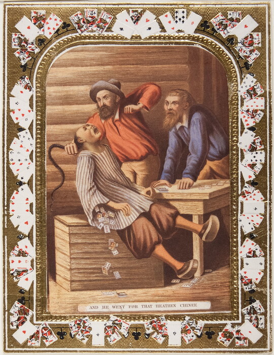 A color print of a White man holding a man with Asian features, playing cards falling out of his shirt sleeve, by the hair as another White man watches; playing cards make up the decorative border.