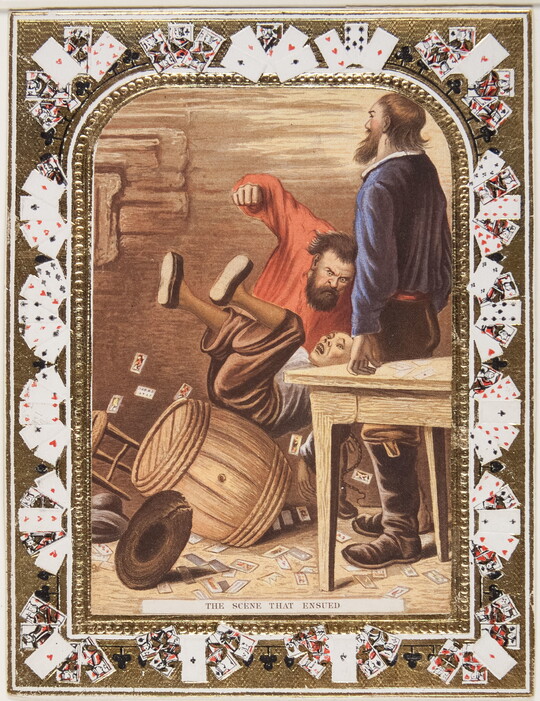 A color print of a White man pulling a man with Asian features to the ground as another White man watches; playing cards make up the decorative border.