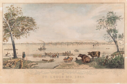 A color print of a wide river with boats on it and people, horses, wagons, and cattle along the shore in the foreground.