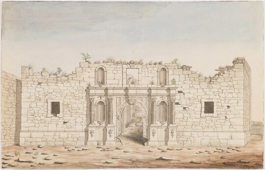 A mixed-media watercolor of a Spanish Colonial-style church in ruins.