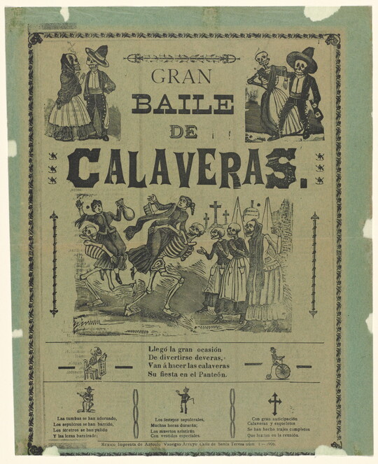 A black-and-white print showing various scenes of skeletons dancing around a headline that reads, "Gran baile de calaveras" and other text in Spanish.