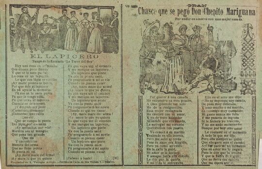 A black-and-white print of a two-spread broadside with worn edges; illustrations of musicians and guests at a party are on each page above a Spanish song or poem.