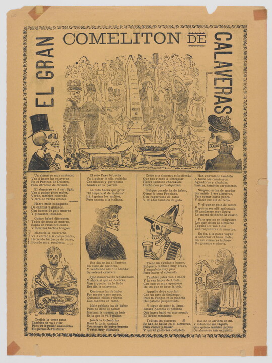 A yellowed black-and-white print of skeletons eating, drinking, and celebrating in a cemetery accompanied by Spanish text.