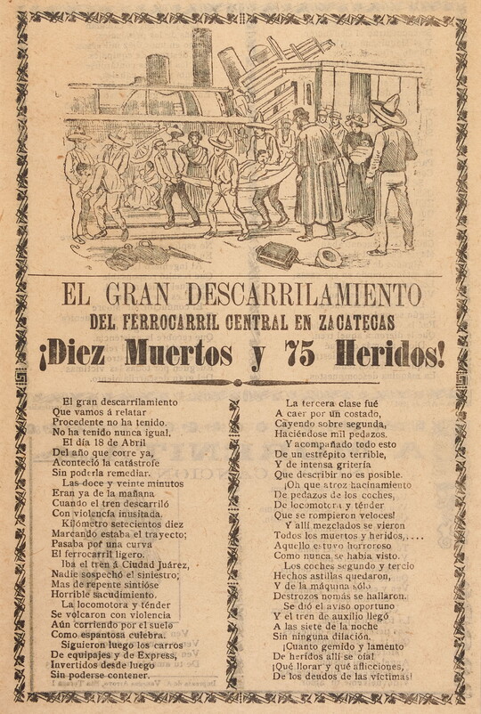 A black-and-white print illustration of people next to a derailed train above headlines and text in Spanish.