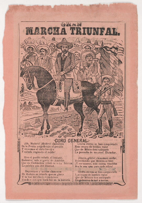 A black-and-white print illustration on red paper of a man in a hat on horseback and a crowd of men behind him above text in Spanish.