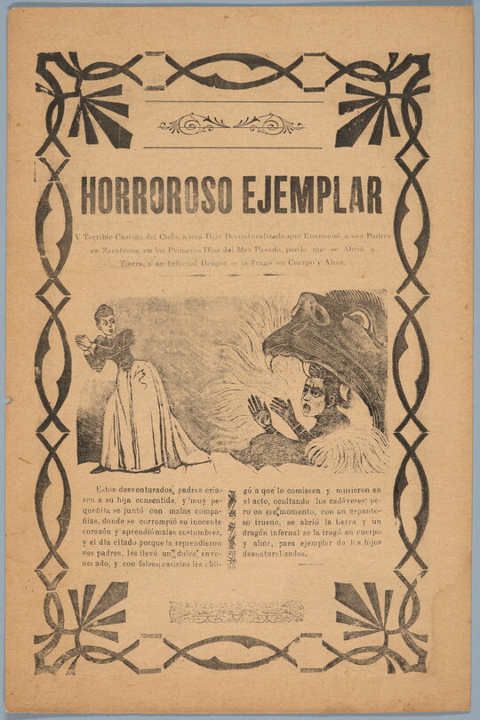 A black-and-white print illustration on gold paper of a woman running from a the mouth of a monster that is eating a person; a headline above and text below all in Spanish.