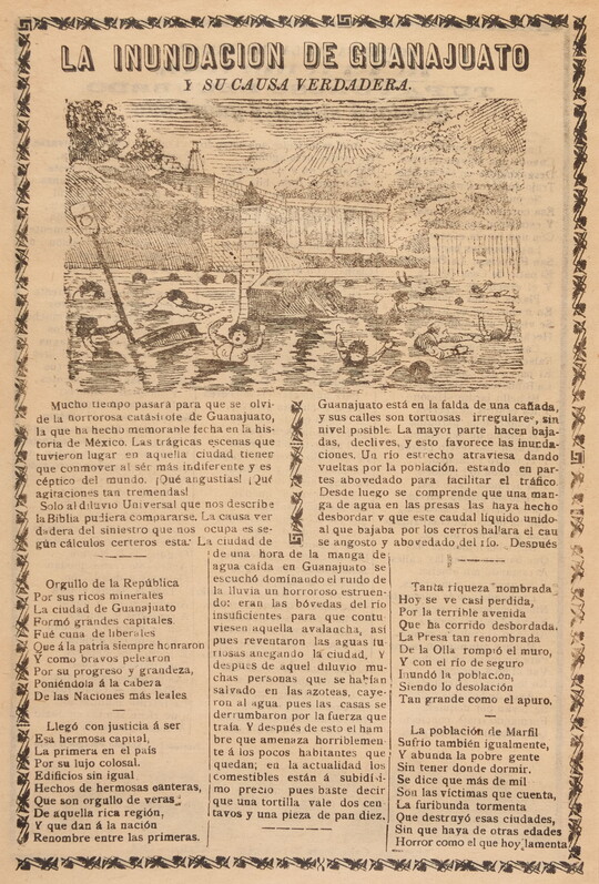 A black-and-white print illustration on gold paper of a flooded village, people struggling in the water, above Spanish text.