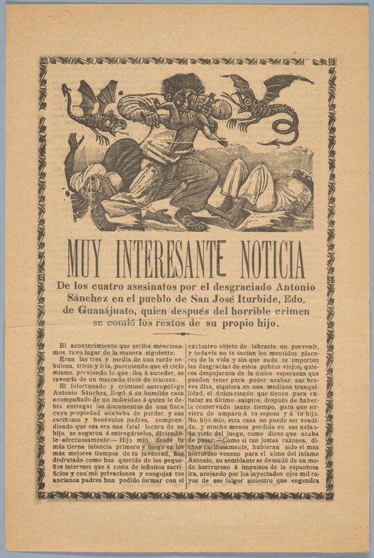 A print showing a cartoon-ish man eating a child and two dragon-like creatures flying around him with a headline in Spanish that reads, "Muy interesante noticia" above an article.