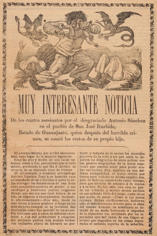 A print showing a cartoon-ish man eating a child and two dragon-like creatures flying around him with a headline in Spanish that reads, "Muy interesante noticia" above an article.