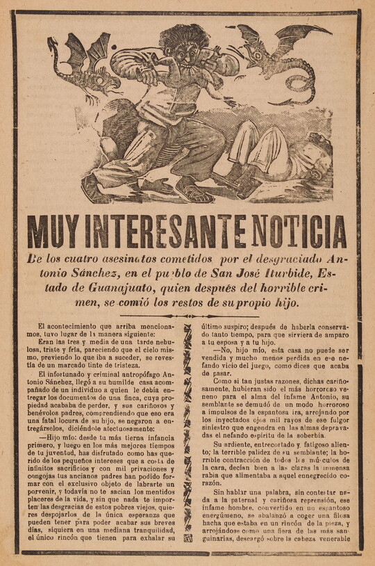 A print showing a cartoon-ish man eating a child and two dragon-like creatures flying around him with a headline in Spanish that reads, "Muy interesante noticia" above an article.