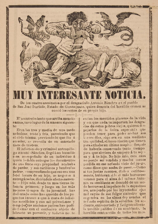 A print showing a cartoon-ish man eating a child and two dragon-like creatures flying around him with a headline that reads, "Muy interesante noticia" above an article.