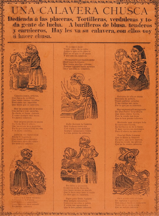 A black-and-white print on orange paper of Spanish text with images of skeletons preparing food.