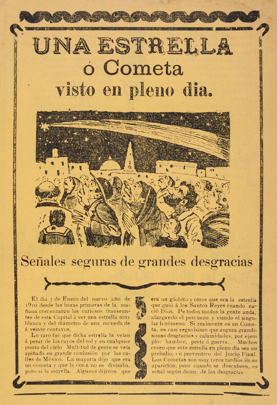 A yellowed black-and-white print of people watching a comet moving through the night sky above a block of Spanish text.