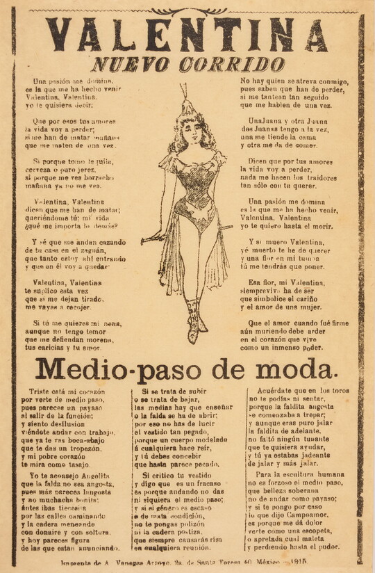 A black-and-white print of Spanish text around an image of a woman in a dance costume.
