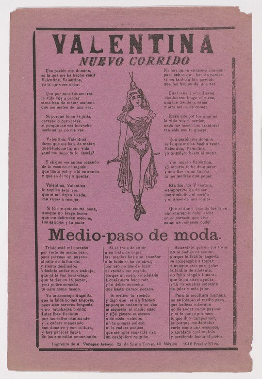 A black-and-white print on pink paper of Spanish text around an image of a woman in a dance costume.