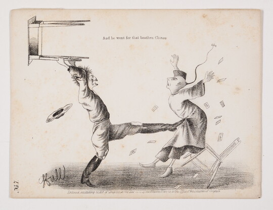 A black-and-white print illustration of a White man kicking a man with Asian features and holding a table above his head as if to throw it.