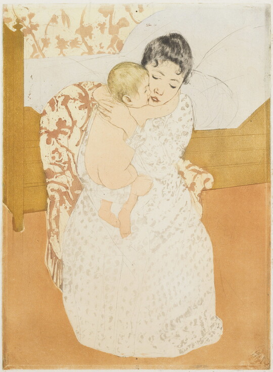 A color print of a woman sitting in a chair next to a bed holding a naked child who has its arms around her neck.