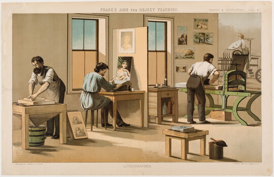 A color print depicting people working in a lithography studio.