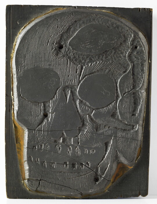 An engraved metal printing plate of an illustration of a human skull showing a piece missing from the top.