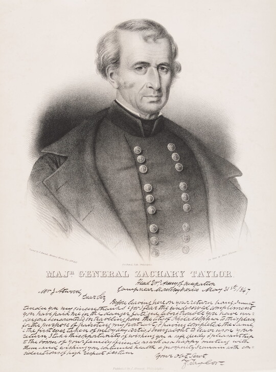 A black-and-white print of an older White man in military uniform above a dense block of cursive text.