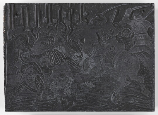 An engraved metal printing plate of a chaotic scene with various figures, some on horseback, fighting each other.