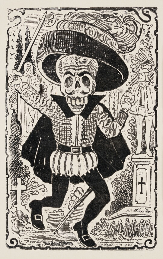 A black-and-white print of a skeleton wearing a plumed hat, cape, and frilly clothing waving a sword in a graveyard.