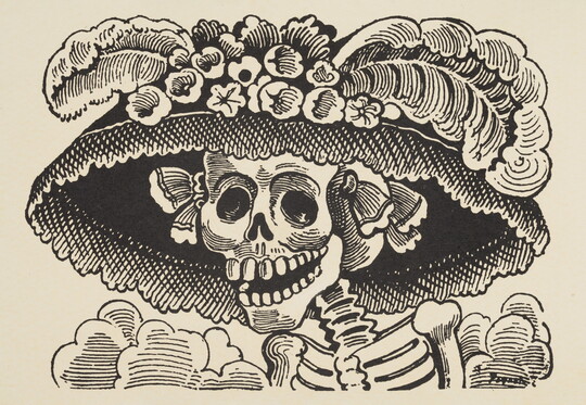 A black-and-white print of the head and shoulders of a skeleton wearing a large, lacy hat with feathers and flowers.
