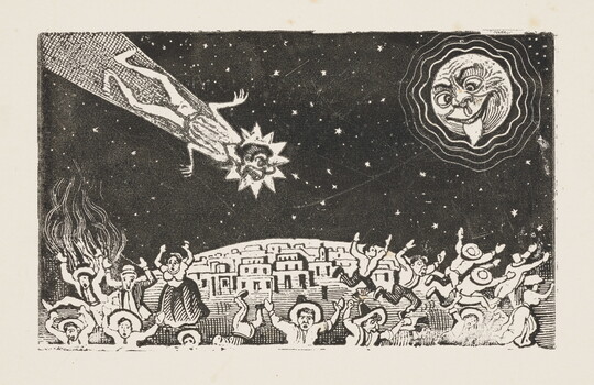 A black-and-white print of an anthropomorphized comet falling toward a town as people run; a moon in the sky makes a funny face and sticks out its tongue.