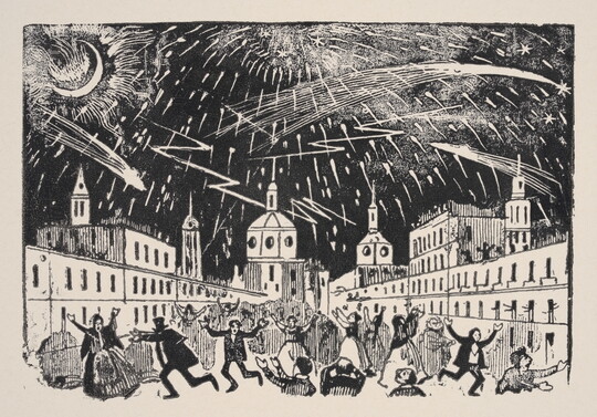 A black-and-white print illustration of people running in a town square beneath a night sky filled with falling stars and comets.