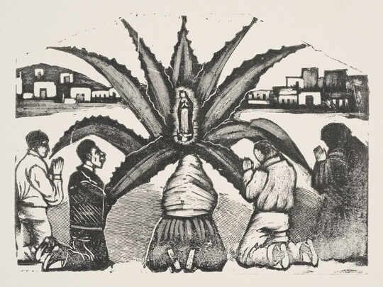 A black-and-white print of figures kneeling around an agave plant with a glowing Virgin Mary inside its leaves.