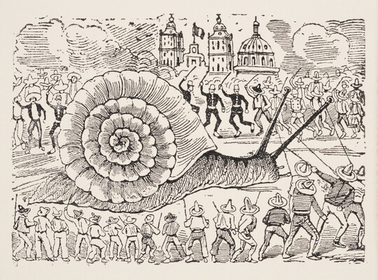 A black-and-white print of hordes of civilians and soldiers raising swords at a giant snail in a street.