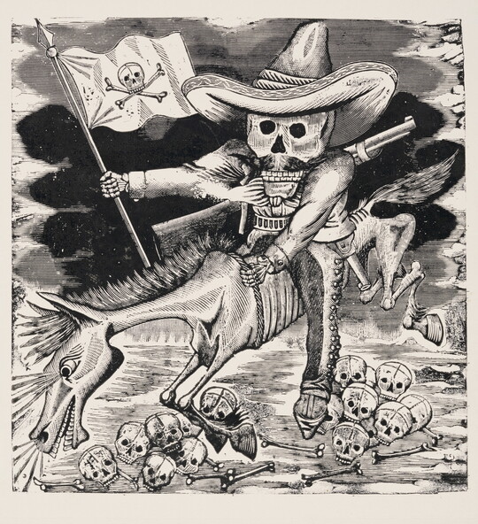 A black-and-white print of a skeleton wearing a sombrero, a rifle slung across his back, holding a flag with a skull and crossbones, and riding a galloping skeletal horse over skulls.