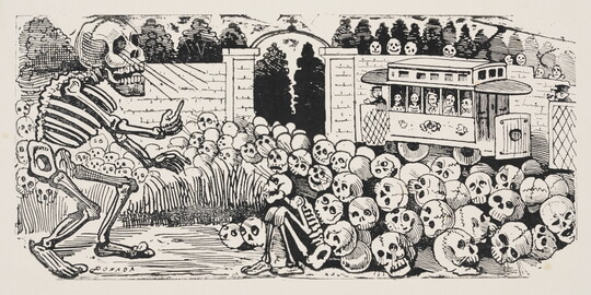 A black-and-white print of a large skeleton approaching a walled garden filled with skulls and one crouching skeleton; a streetcar in the background is filled with skeletons.