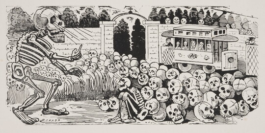 A black-and-white print of a large skeleton approaching a walled garden filled with skulls and one crouching skeleton; a streetcar in the background is filled with skeletons.