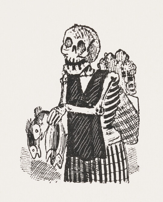 A black-and-white print of a skeleton wearing an apron and skirt, a backpack, and holding four fish.
