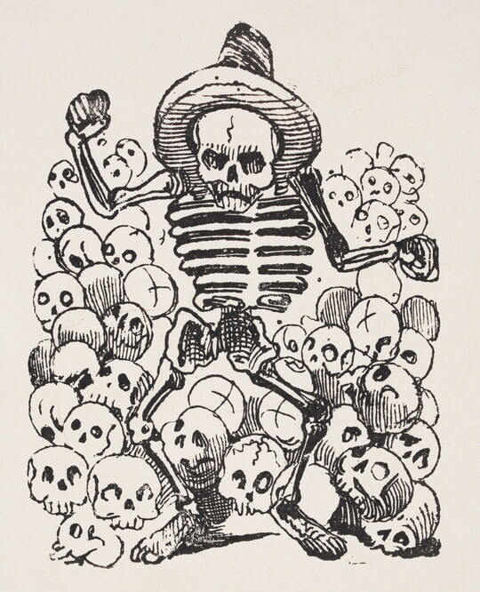 A black-and-white print of a skeleton wearing a sombrero standing among a pile of human skulls.