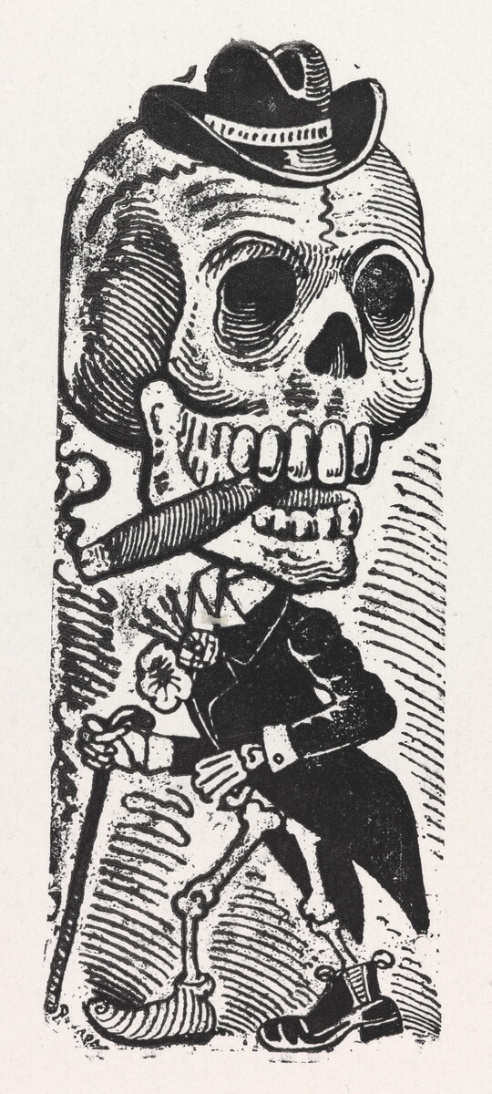 A black-and-white print of a skeleton with an oversized skull smoking a cigar, wearing a tiny hat, a tuxedo jacket, and mismatched shoes.